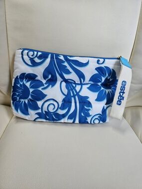 Estee Lauder White Cosmetic Pouch with Blue Floral Print